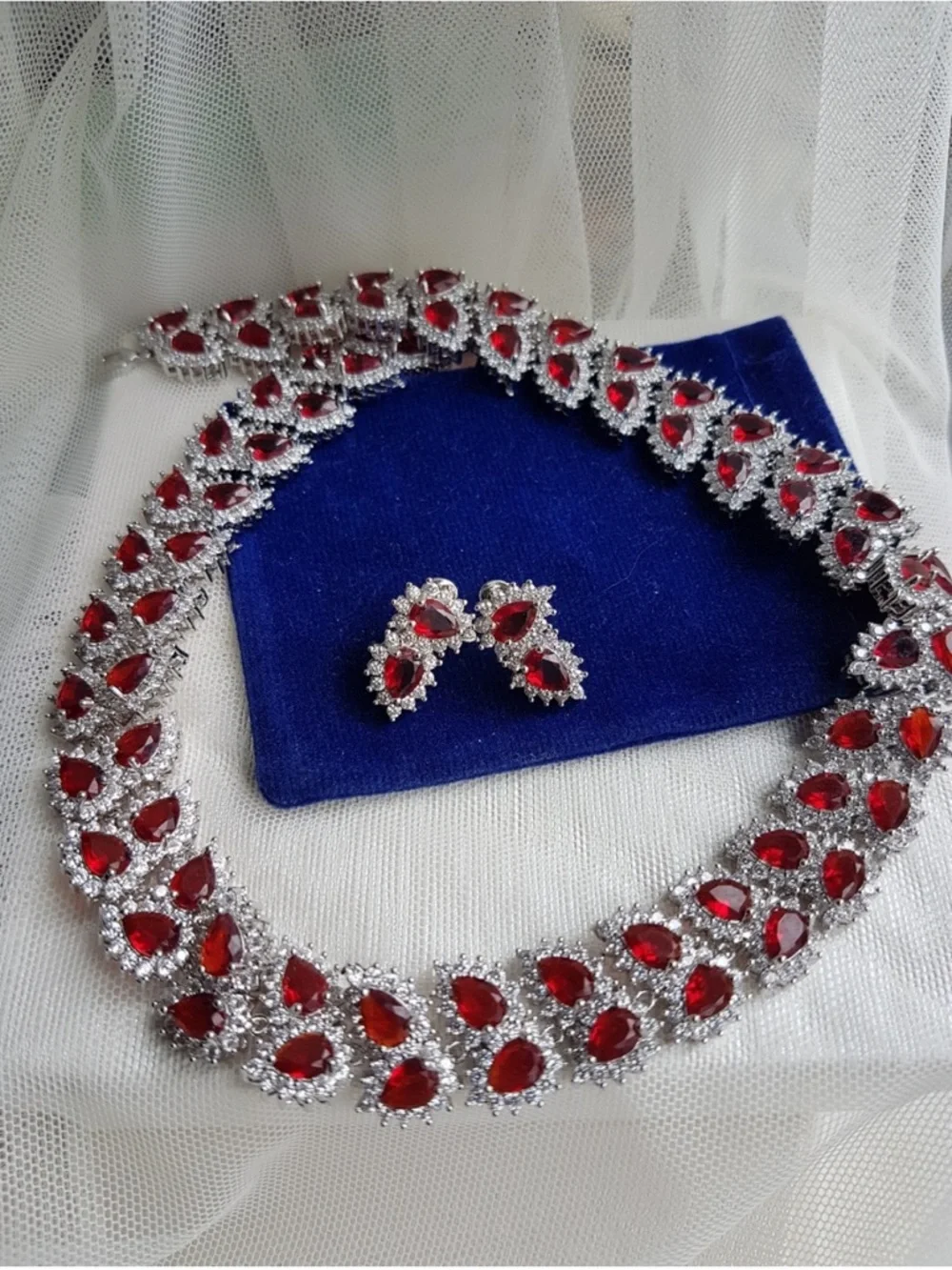 Swarovski Elements Platinum Ruby Red All-around Tennis Necklace & Earrings SET